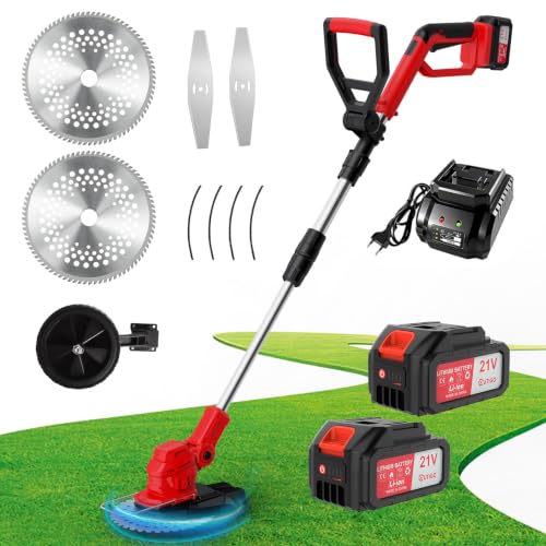 OUTIGO Cortacésped inalámbrico, Desbrozadora Bateria, batería de 2× 21V 4Ah, Cortabordes electrico 3 en 1, Mango telescópico Plegable, desbrozadora de jardín a batería