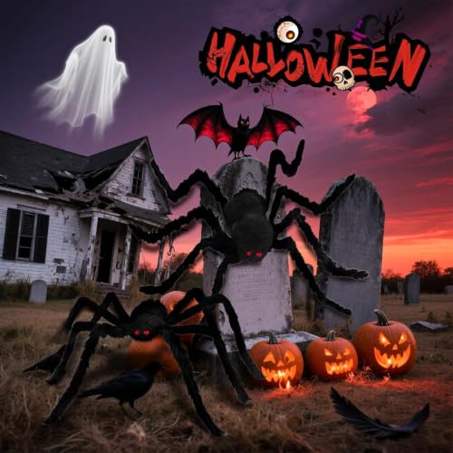 Image of Giant Spider 2.95 Ft, 2 Packs Halloween Decorations Fake Halloween Decor Spiders Large, Furry Spiders for Outdoor Indoor Yard Home Costumes Party Home Decor
