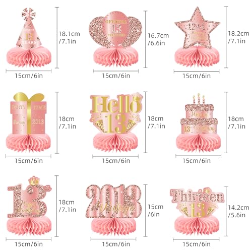 Image of 9Pcs 13th Birthday Decorations Rose Gold 13th Birthday Party Decorations for Girls,Pink Happy 13 Years Honeycomb Centerpieces Table Sign Decor Supplies