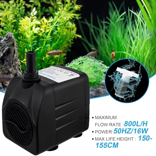 Awroutdoor Wasserpumpe Tauchpumpe, Ultraleise Teichpumpen,800L/H Aquariumpump für Teich Brunnen Aquarium Garten,Submersible Pumpe 2 Düse 8mm-13 mm, mit 4 starken Saugnäpfen(16W)