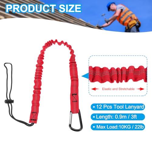 Image of MECCANIXITY Retractable Tool Lanyard 3ft with Single Aluminum Buckle and Adjustable Loop End, Maximum Weight Limit 10KG / 22lb, Safety Fall Protection Tools Leash, Red 12 Pack