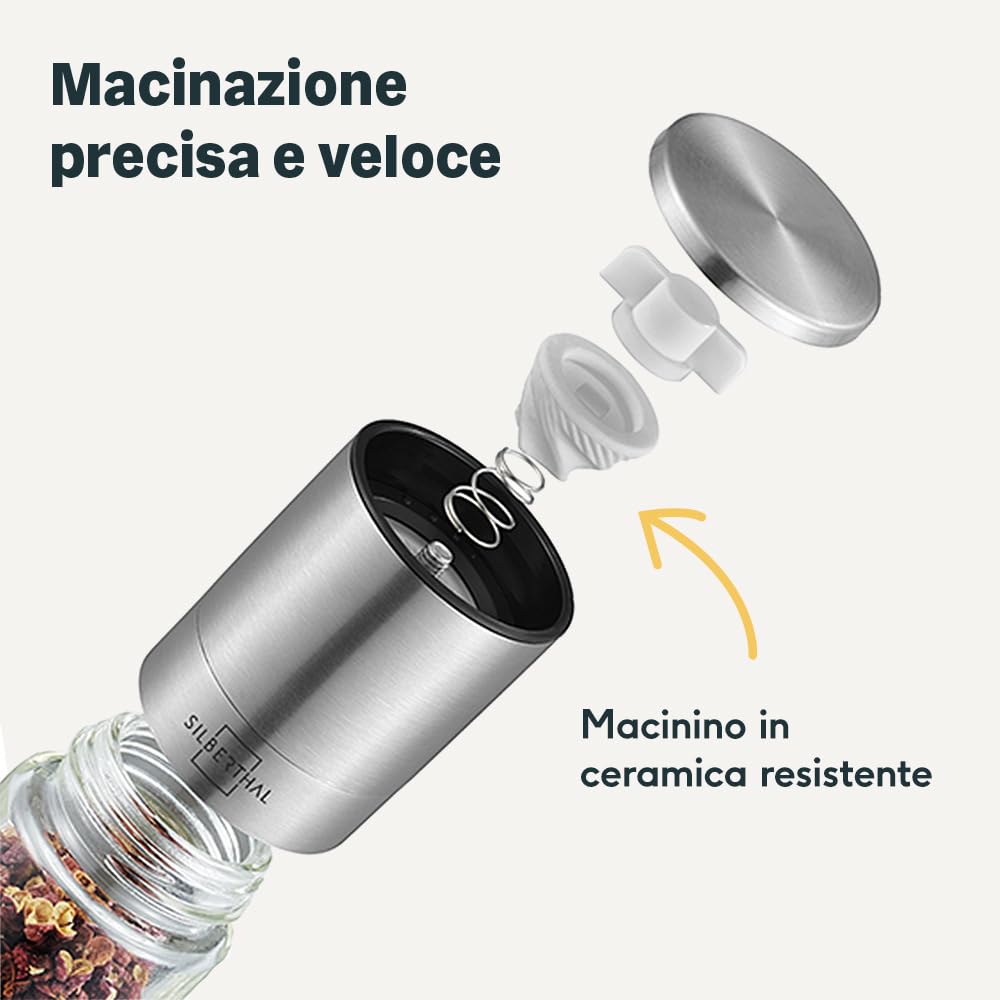 SILBERTHAL Macina sale e pepe - Set sale e pepe manuale - Acciaio inox e vetro - Macinatore conico in ceramica