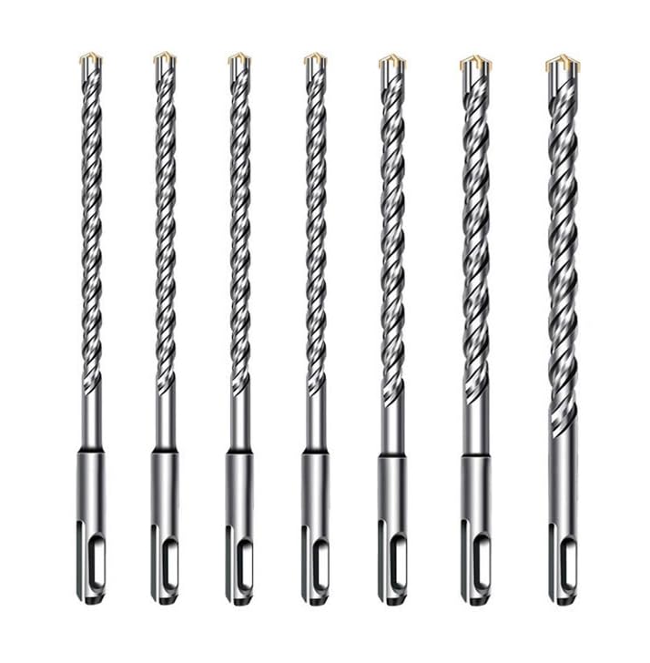 Juego de 7 brocas SDS-Plus 6/8/8/10/12/14/16mm x 210mm, brocas de acero 40CR con punta carburo tungsteno, juego brocas martillo para hormigón, mampostería, piedra–Para martillos perforadores SDS-Plus