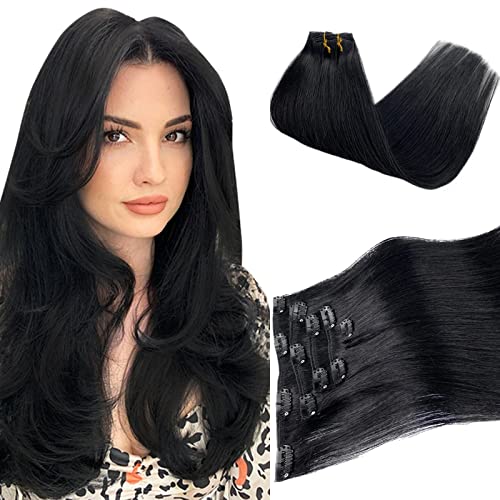 Image of Jet Black Remy Hair Extensions - Clip in Human Hair 100% Real, 18 Inch 70g 5pcs Natural Soft Straight Double Weft Clip in Extensions #1