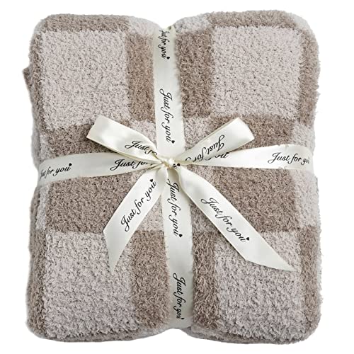 Image of Ultra Soft Checkered Blanket Cozy Buffalo Check Throw Fluffy Knitted Reversible Throw Blanket Lightweight Fleece Checkerboard Grid Blanket for Sofa Couch Bed Travel, Linen/Warm Gray, 51''x63''