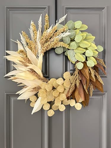24" Fall Wreath for Front Door, Handcrafted with Faux Eucalyptus ...