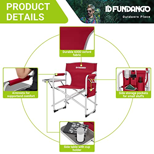 Fundango Portable Lightweight Folding Camping Director Chair With Side Table Oversized Camp Chair Aluminum Fold Up Chair Heavy Duty Holds Up To 300Lbs, Red, 19" D X 25.2" W X 34.5" H #TOP6