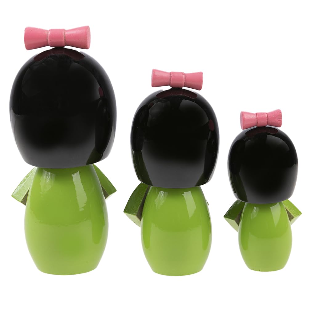lachineuse - Trio Kokeshi giapponesi - Bambole giapponesi in legno - Kimono verde e fiori di ciliegio - Statuine decorative giapponesi - Idea regalo originale per decorazioni asiatiche