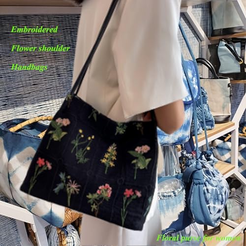 Image of Floral Canvas Purse for Women, Embroidered Handbag with Pu Handle, Small Summer Daily Tote Bag for Shopping Work Gym | cotton canvas
