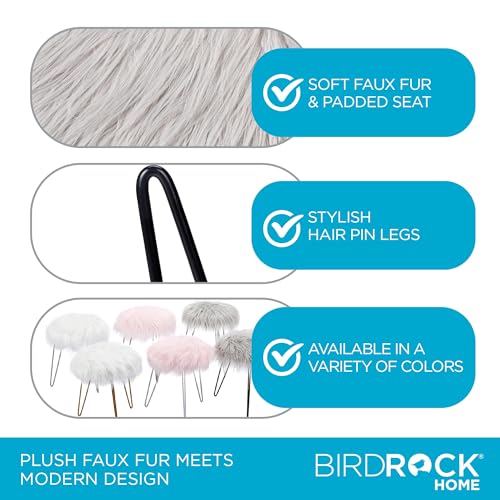 BIRDROCK HOME Round Faux Fur Foot Stool Ottoman with Black Hairpin Legs - Cozy & Stylish Makeup Chair w/Metal Legs - Soft Padded Vanity Seat for Desk, Table in Bedroom, Living Room, Kids Room - Grey