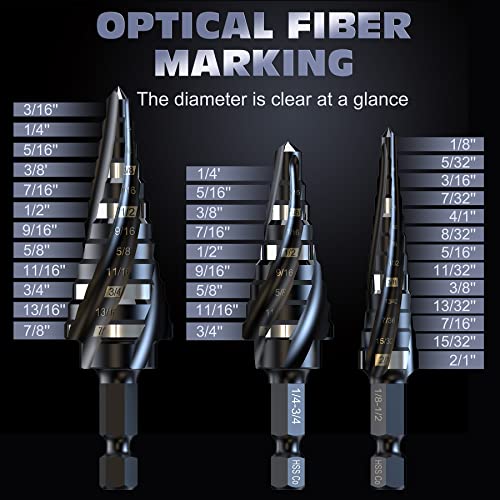 M35 Cobalt Hss Step Drill, Four Spiral Flute Cobalt Step Drill Bit,1/8"-7/8"(3Pcs) Hex Shank Unibit For Aluminum, Stainless Steel, Metal, Wood, Plastic. #TOP2