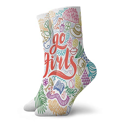 Fashion Compression Socks,Go Girls Hand-Drawn Lettering With Colorful Flowers And Geometric Figures Design,Performance Polyester Cushioned Athletic Crew Socks for Running,Athletic, -12 inch
