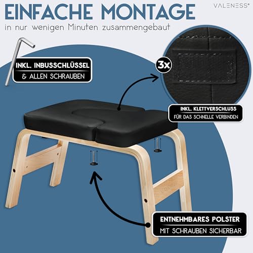 VALENESS® Yoga Kopfstandhocker - Hochwertiger Yoga Hocker inkl. Yogagurt, Yogablock & Übungsposter - Yoga Stuhl zur Handstand-Übung aus massivem Naturholz - Yoga Ausrüstung für Zuhause (Schwarz)