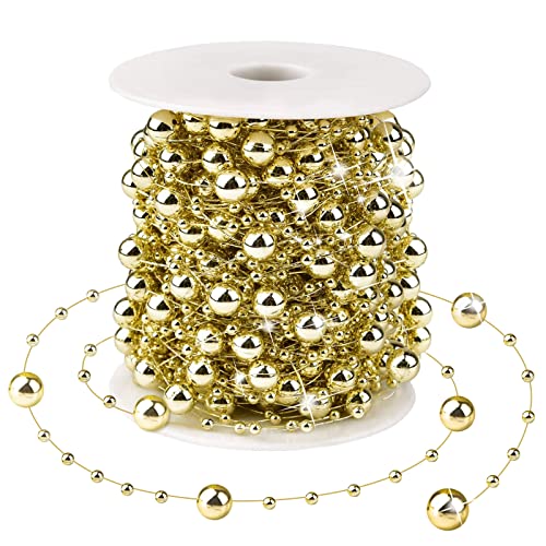 Christmas Tree Beads Garland Decorations - 66Ft Strands Chain Pearls Beads String for DIY Christmas Tree Wreath, Xmas Decor Beaded Garlands for Stairs Fireplace Wedding Holiday Party Gift (Gold)