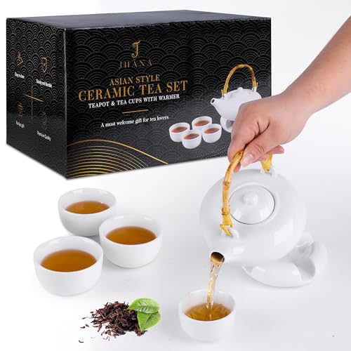 JHĀNA Japanese Tea Set with Warmer - White Ceramic Teapot and Cups Gift Set with Bamboo Handle for Tea Enthusiasts