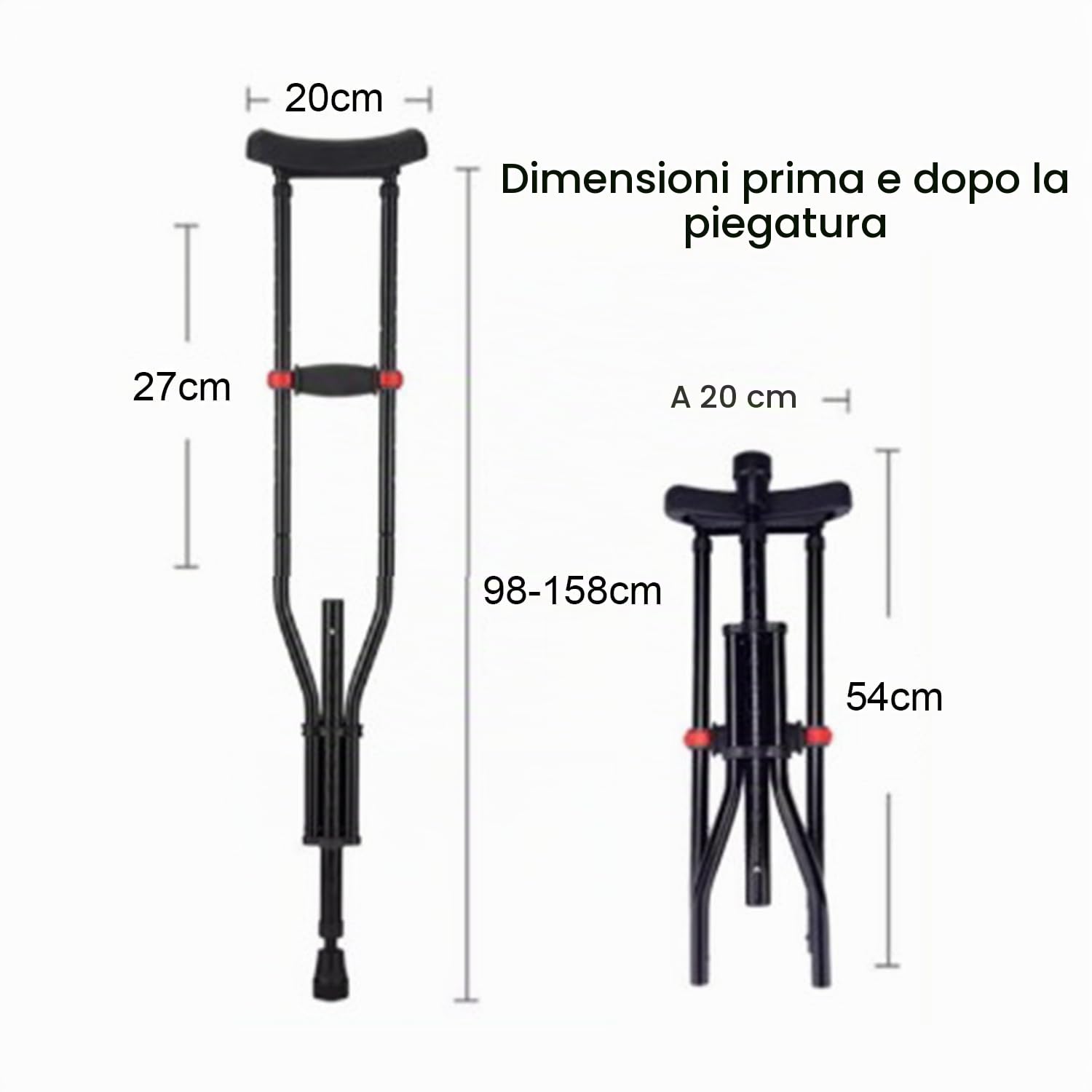 Stampelle Ascellari Pieghevole,Sottobraccio Stampelle,Bastone Universale In Alluminio,Con Imbottitura Morbida,Regolabile Da 98 a 158 Cm,Ausiliario Per Persone Con Difficoltà Motorie(Coppia,Nero)