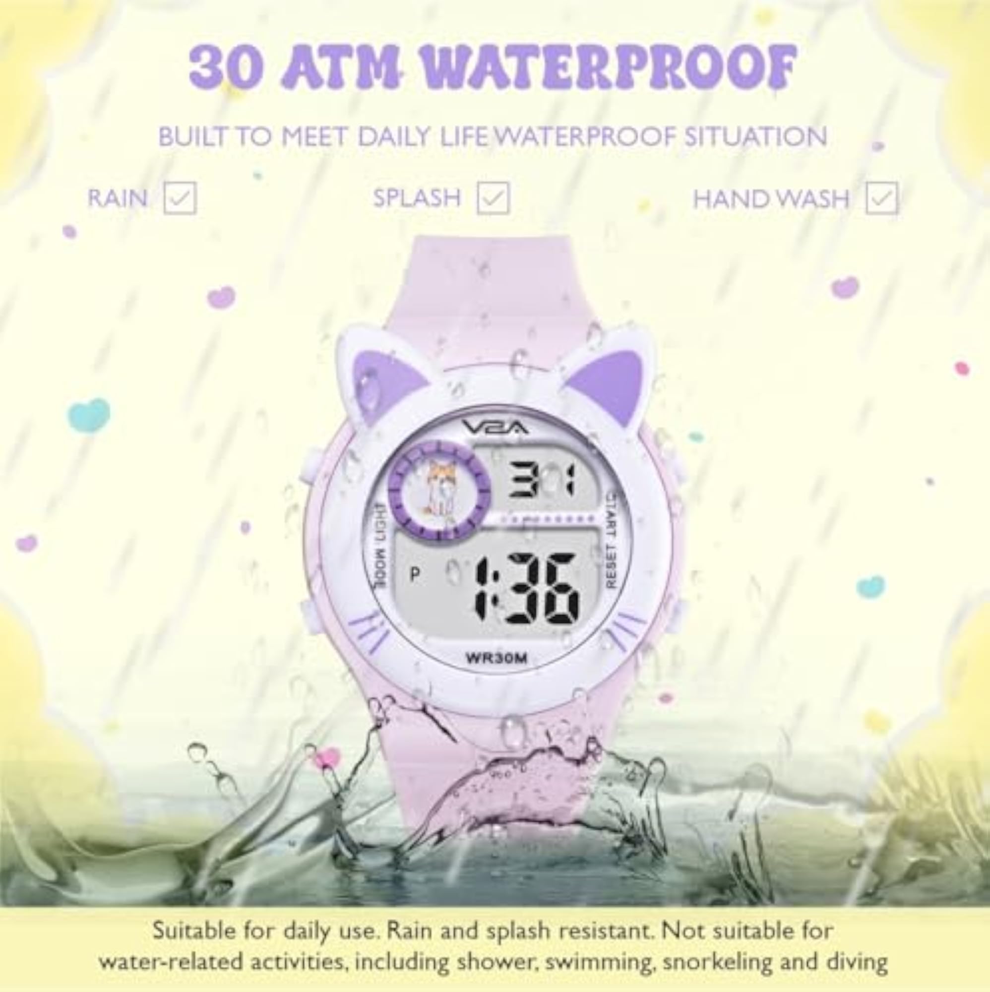 Girls Digital Watch with Cat Ears, 7 Color Backlight