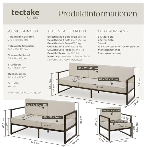 tectake® Gartenlounge Outdoor, 1x Sofa 3 Sitzer, 1x 2 Sitzer Sofa, 1x Gartensessel, Gartenmöbel, Balkonmöbel, Terrassenmöbel, Wintergarten… – Ansicht 6