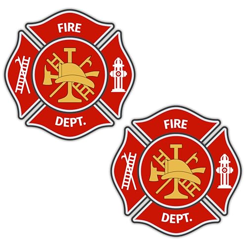 Fire Dept Maltese Cross Shaped Sticker - Red Yellow Firefighter, First Responder Stickers Helmet Car (2