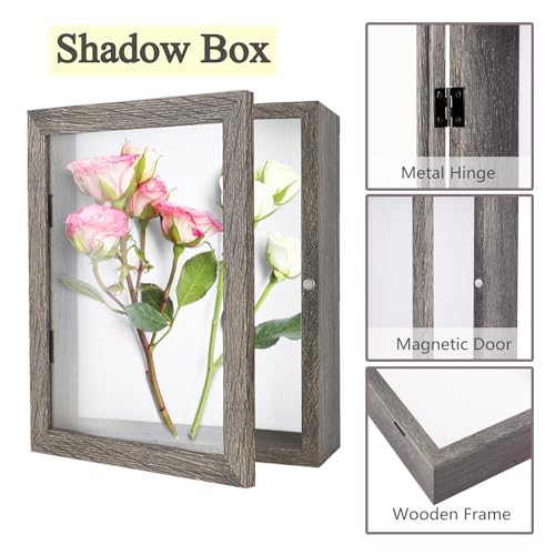 Muzilife 8x10 Shadow Box Picture Frame - 2.16\" Interior Deep Wood & Glass Display Case Ready to Hang Memory Box Baby Sports Memorabilia, Pins, Awards, Tickets, and Photos (Texture Gray) - Thumbnail 3