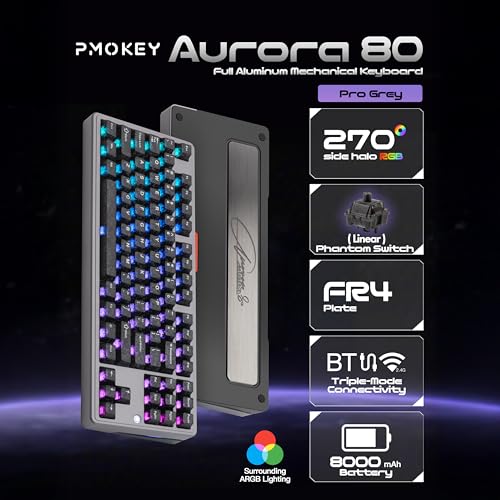 Image of PMOKEY Aurora 80 CNC Full Aluminum Wireless Mechanical Keyboard with VIA /QMK, 8000mah Battery, Phantom Linear Switch, Tri-Mode Gaming Keyboard Hot Swappable RGB Backlit for Windows /Mac /PC (Pro Grey)