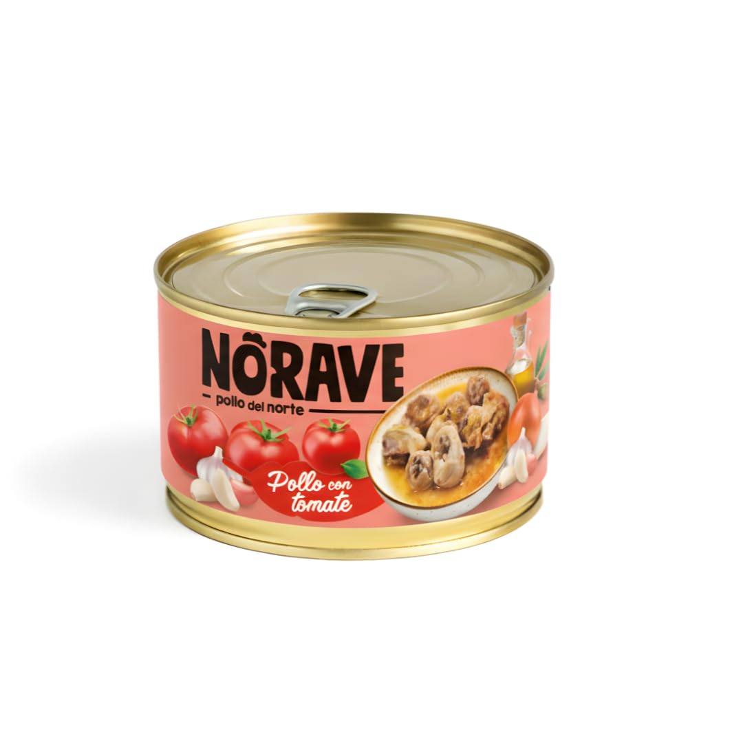 Norave Pollo con Tomate - Carne de Pollo en Conserva 400g x 7 Unidades | Receta Tradicional Española | Rica en Proteína | Comida Preparada Lista para Servir |