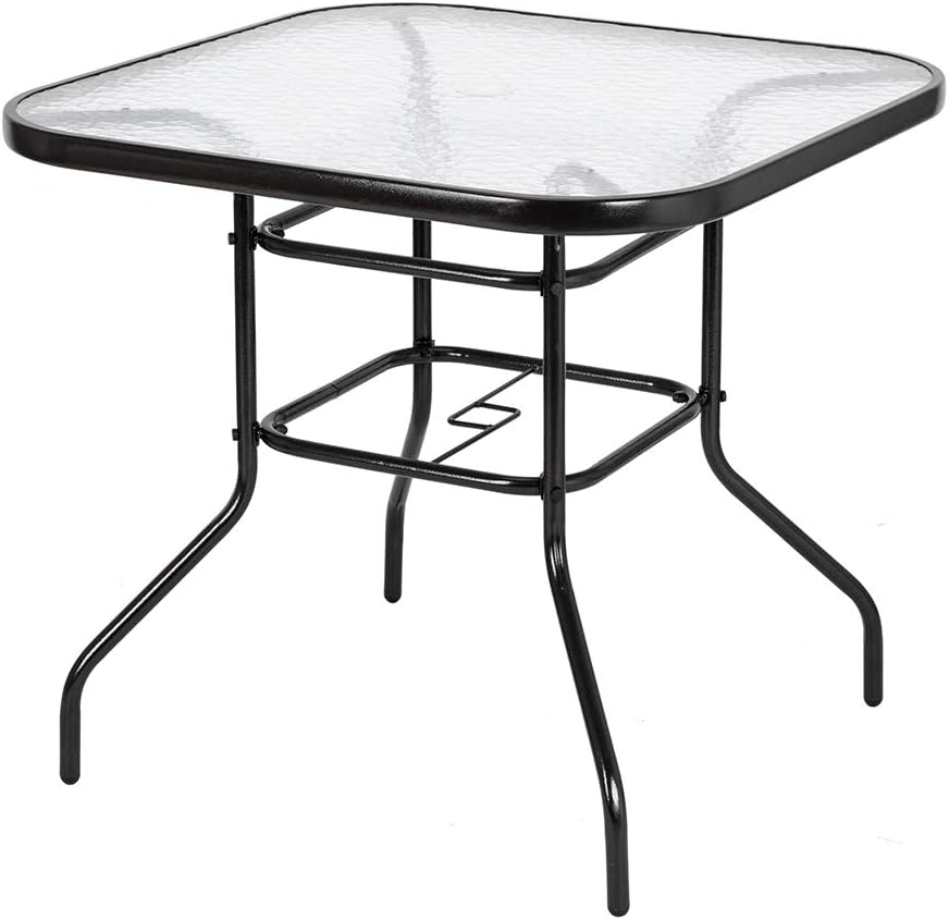 VINGLI Outdoor Dining Table, 32" Square Patio Bistro Tempered Glass Table Top with Umbrella Hole, Outside Banquet Furniture for Garden Pool Side Deck Lawn