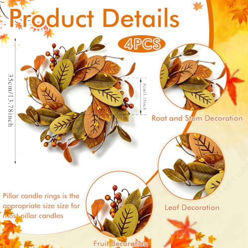 Image of 4 PCS Fall Eucalyptus Candle Ring Wreaths Autumn Wooden Leaves Candle Holder Rings with Berries Mini Thanksgiving Harvest Farmhouse Wreath for Pillar Candle Mantel Cabinet Home Table Centerpiece Decor