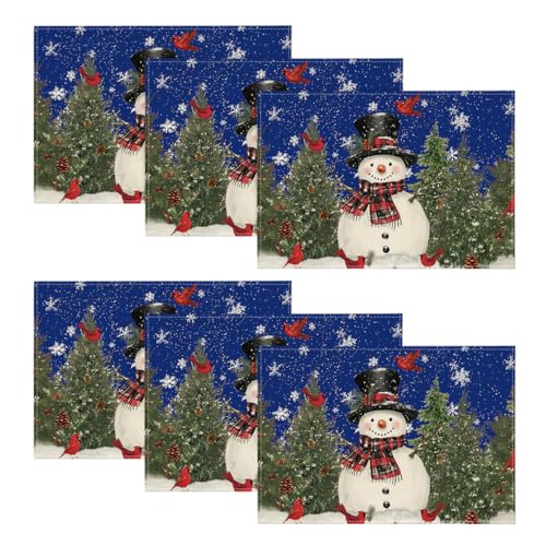 Artoid Mode Blue Snowman Trees Bird Christmas Placemats Set of 6, 12x18 Inch Seasonal Winter Table Mats for Party Kitchen Dining Decoration