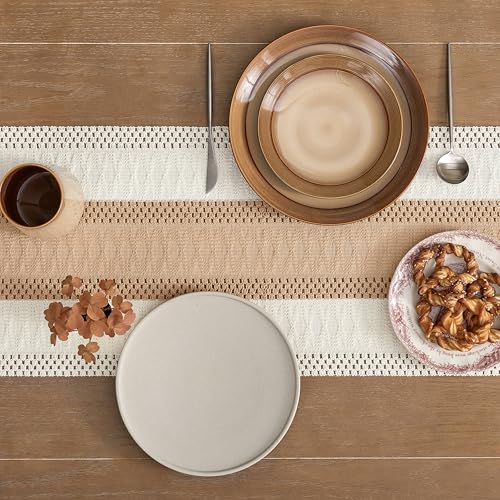 Image of ZeeMart Macrame Style Bicolor Stitching Table Runner, 14 x 48 Inch Beige /Ivory, Boho Light Tan Table Runners 48 Inches Long, Farmhouse Woven Home Decor
