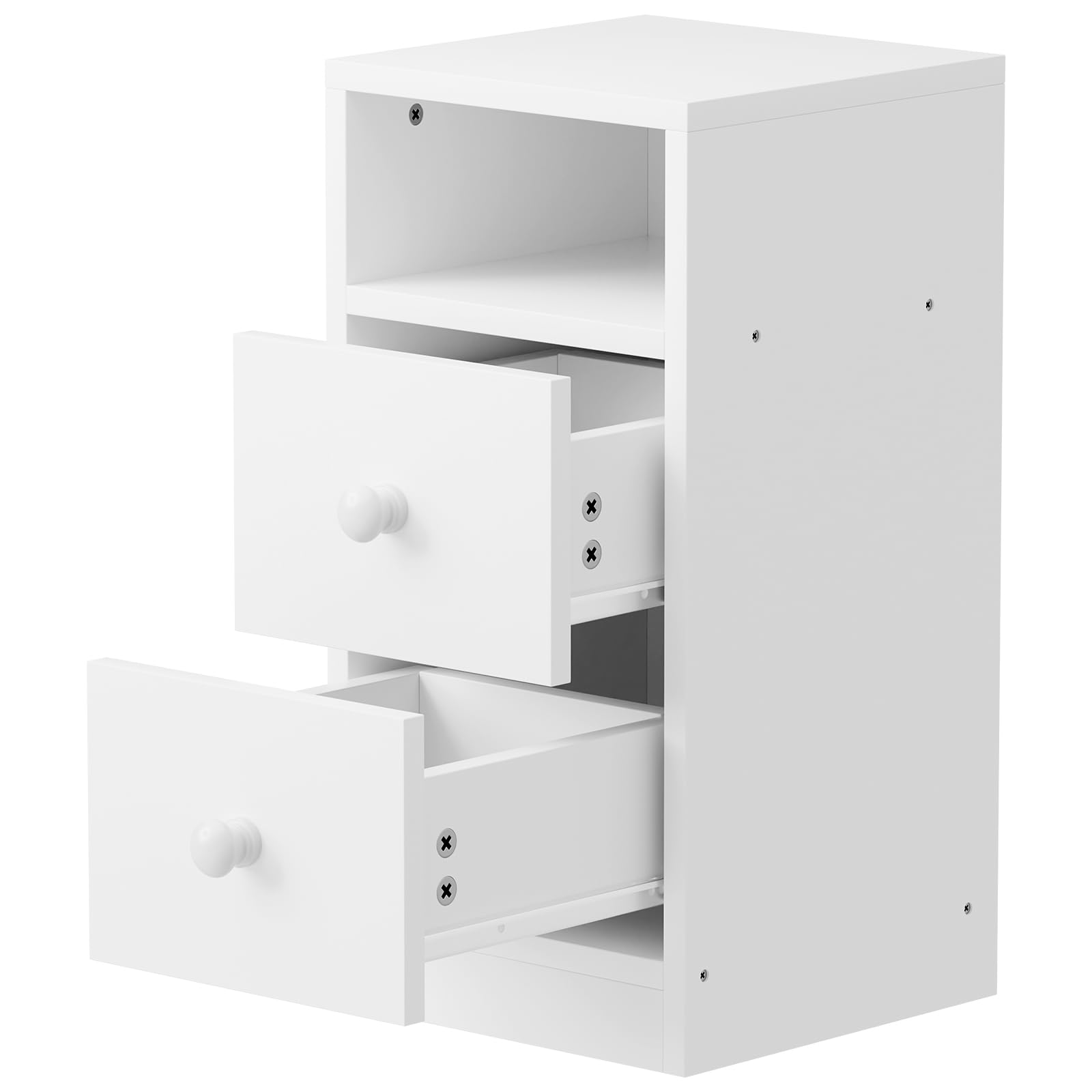 Bonnlo Nachttisch Weiß 2er Set, Kommode mit 2 Schubladen, Konsolentisch Schmal mit offenem Fach, Nachtschrank Boxspringbett aus MDF mit Stauraum für Schlafzimmer, Modern, 25x30x60cm