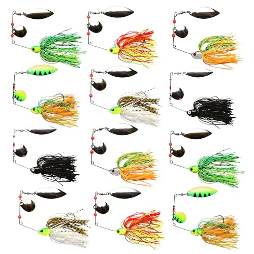 Spinnerbait Bass Fishing Lures Kit Spinner Baits Bass Fishing Lure Hard Metal Lure Topwater Buzzbait Swimbait for Pike Bass Trout Salmon Freshwater Saltwater Fishing(12PCS)