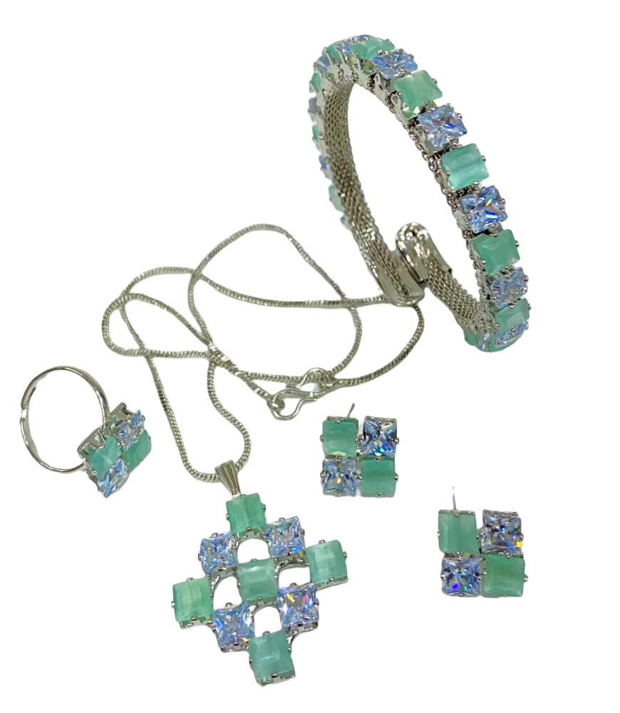 Elegant Jewellery Set | Bangle, Pendant, Earrings & Ring for Women & Girls | Micro Gold Plated | AD CZ Diamond Studded | Traditional, Modern, Wedding & Festival Wear Jewellery (S Green Mint & White)
