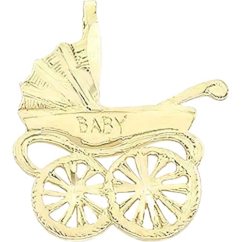 14K Gold Baby Carriage Charm Diamond-Cut Jewelry 15mm