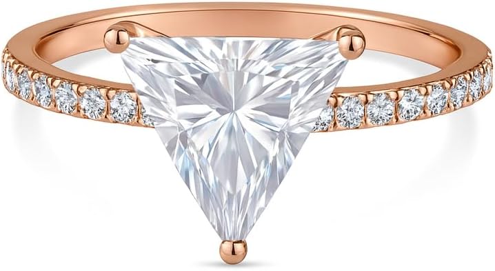Triangle Cut Moissanite CZ Engagement Ring 14K Rose Gold Trillion Solitaire with Pave Band Unique Modern Promise Handmade Jewelry Gift For Her