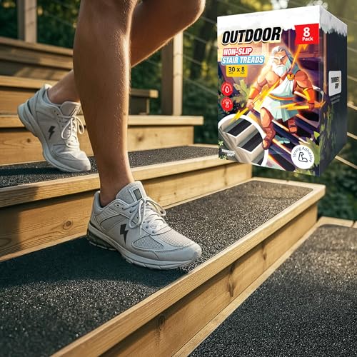 THUNDER GRIP Outdoor Stair Treads Non Slip 30" x 8" - 8-Pack Weather Resistant Exterior Grip Tape for Wooden Steps - Non Slip Stair Treads - Anti Skid Strips - Waterproof 80-Grit Adhesive Treads