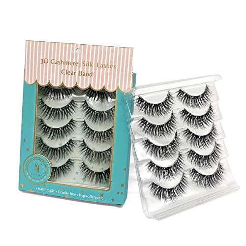SY SHUYING 5 Pairs Fluffy 3D Faux Mink Eyelashes Clear Band 3D Silk Lashes Wispy 100% Handmade & Cruelty-Free Reusable Natural False Eyelashes Pack