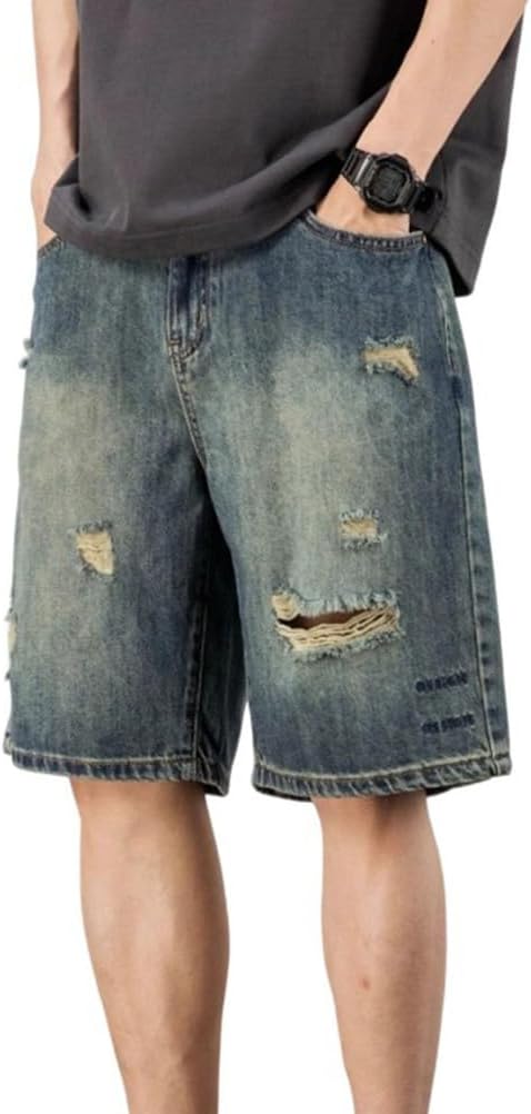 Baggy Jean Shorts Men Ripped Straight Leg Loose Fit Summer Vintage Wash Denim Shorts