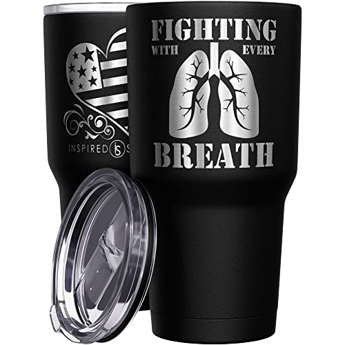 Inspired Silver - Fighting With Every Breath Lung Cancer Awareness - Stainless Steel Tumbler - Coffee Travel Mug - Engraved Tumbler - Double Insulated Tumbler - 30 Oz - Black #TOP26