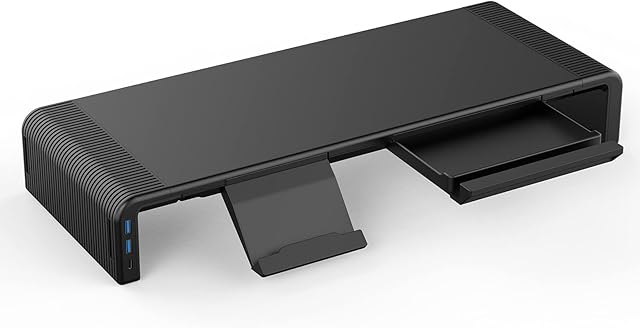 Monitor Stand with Hub, Computer Screen Riser Adjustable and Foldable with USB 3.0 and Type C Charging Ports and UK Mains Plug for Computer/Desktop/PC/Laptop/TV/Printer, Black