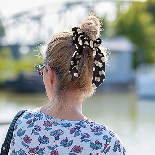 4 Pcs Hair Scrunchies Satin Silk Elastic, Colorful Bowknot Hair Bands Hair Scarf Ponytail Holder Scrunchy Ties, Vintage Leopard Traceless Hair Rope Accessories for Women Girls