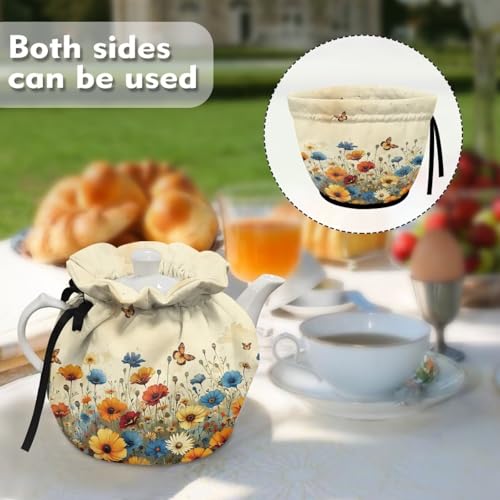 Image of Floral Butterfly Print Tea Cozy Insulation Kitchen Accessory Tea Cozies Covers Kitchen Home Decorative Teapot Cozy for Keeping Warm Kettle Dust Cover