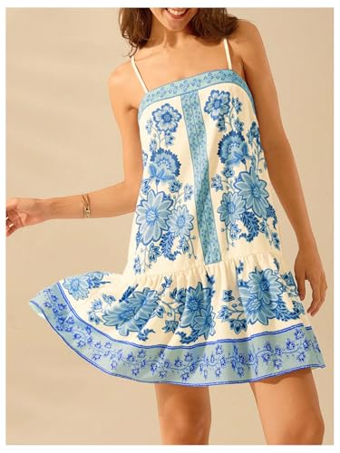 Image of SHENHE Women's Floral Sundress Ruffle Hem Spaghetti Strap Loose Flowy Boho Cami Dress