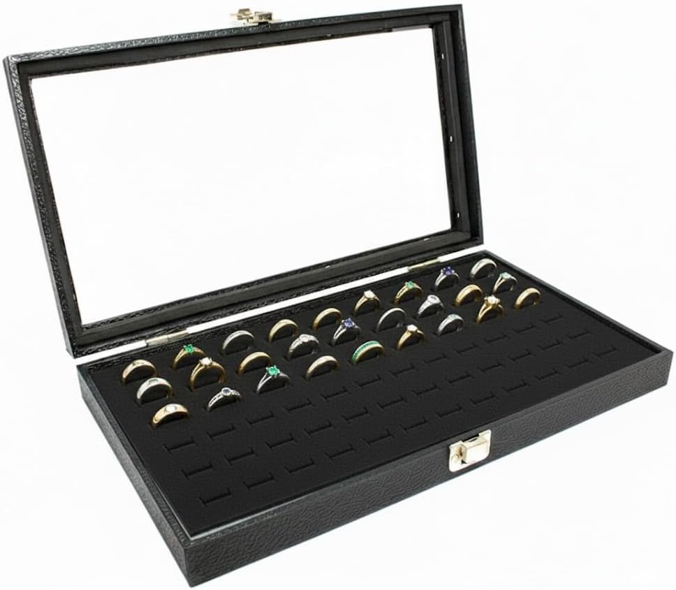 Novel Box Ring Display Glass Case Black 14.75x8.25x2.1 Inches with 72-Slot Grey Ring Foam Insert - Travel Ring Case with Metal Clasp - Jewelry Box to Keep Rings Dust Free & Secure