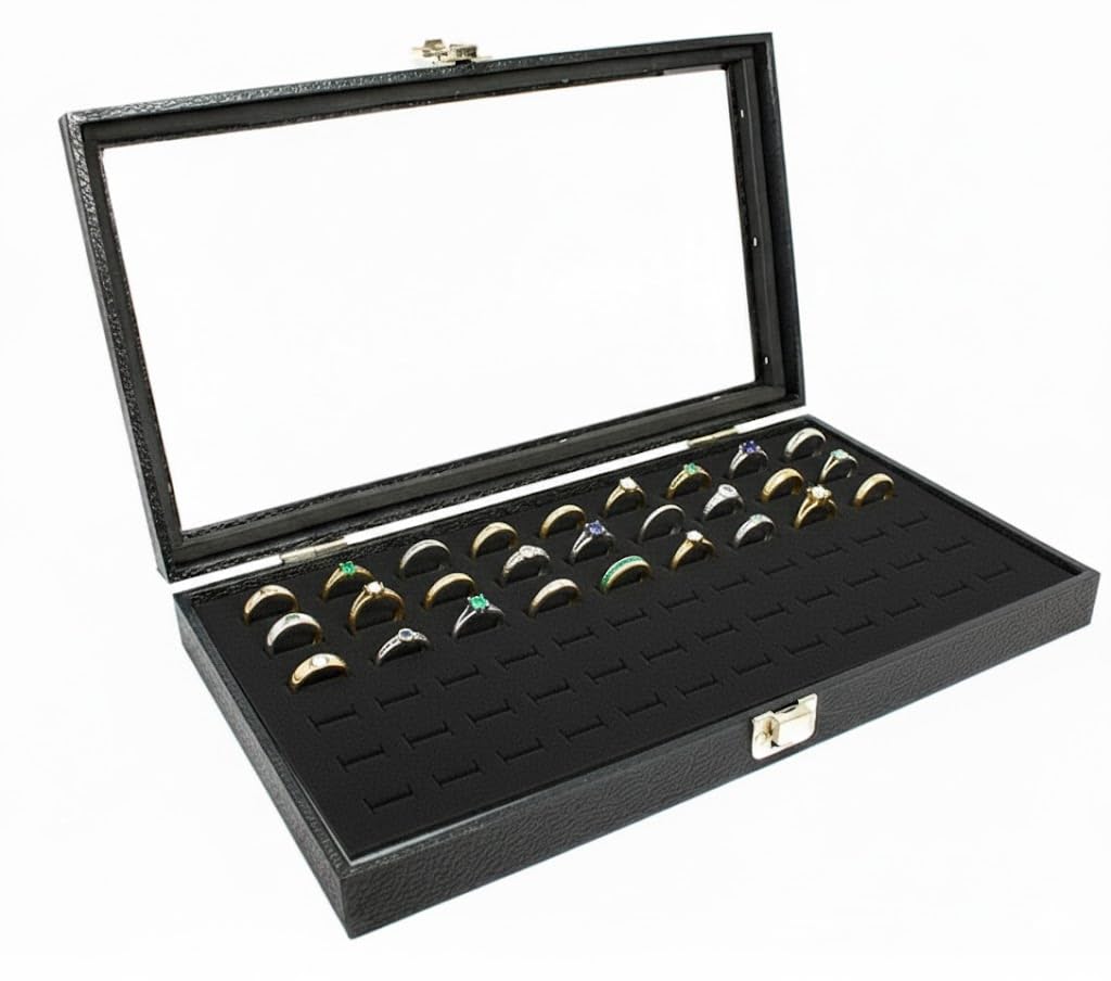 Novel Box Ring Display Glass Case Black 14 75x8 25x2 1 Inches with 72-Slot Black Ring Foam Insert