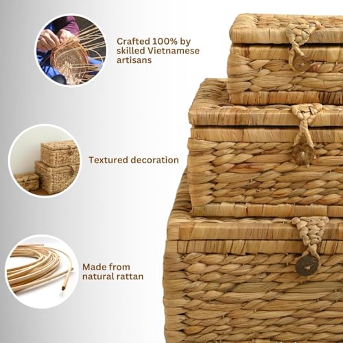 ChumDecor Wicker Storage Basket with Lid Set of 3 – Decorative Seagrass Boxes for Organizing Toys, Clothes & Essentials – Handwoven Natural Storage Bins for Home Decor