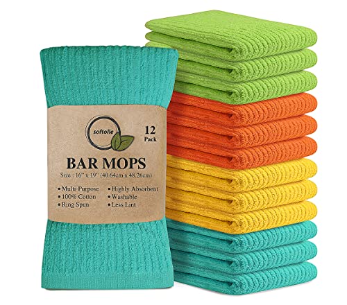 Softolle Bar Mop Towels, Pack of 12-16x19 Inches - 100% Cotton Super Absorbent Towels, Multi-Purpose for Home and Bar Cleaning (Yellow-Orange-Light Green-Aqua)
