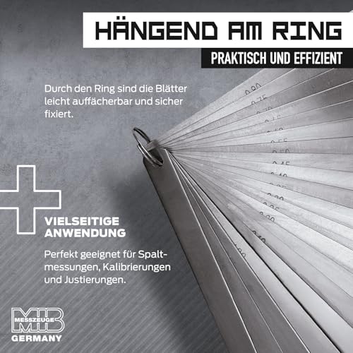 MIB Präzisions-Fühlerlehren am Ring 300mm/20 Blatt | Werkzeug aus gehärtetem Federstahl | Fühlerlehre Ventilspiel | Spaltmaßlehre für KFZ, Maschinen- & Getriebebau | Zündkerzenlehre | Breite 12,7 mm