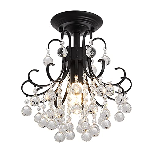 YYJLX Industrial Crystal Chandelier Semi Flush Mount Ceiling Light Fixtures Modern Pendant Lamp for Hallway Bar Kitchen Dining Room Kids Room Bathroom Black