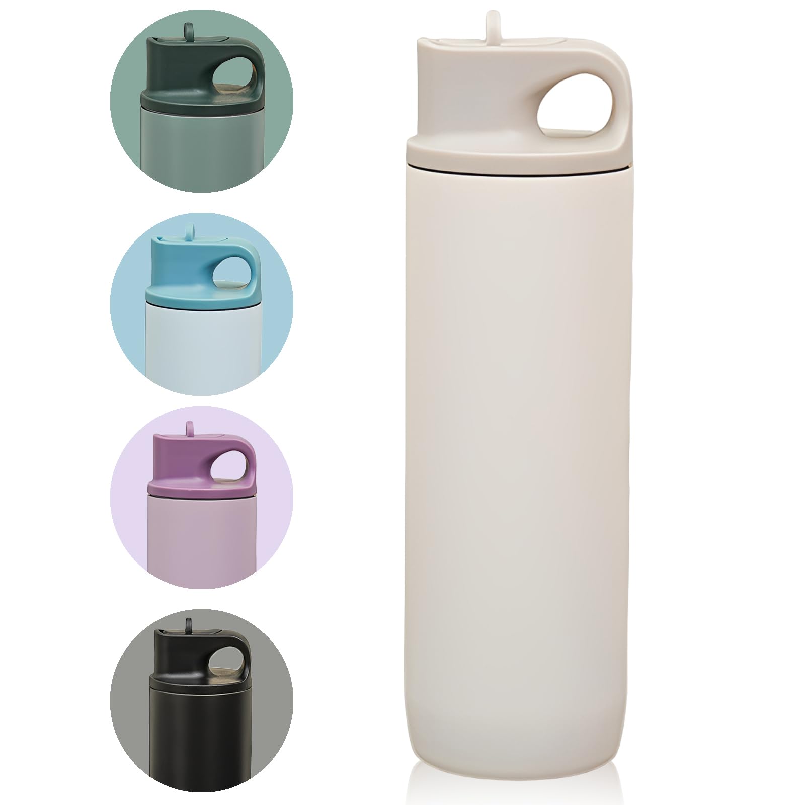 Insulated Water Bottle with Detachable Straw, 550ml Leak-Proof Stainless Steel Vacuum Coffee Flask, BPA-Free Keeps 12H Hot/24H Cold, with Integrated Handle for Gym Sport& Travel (White)